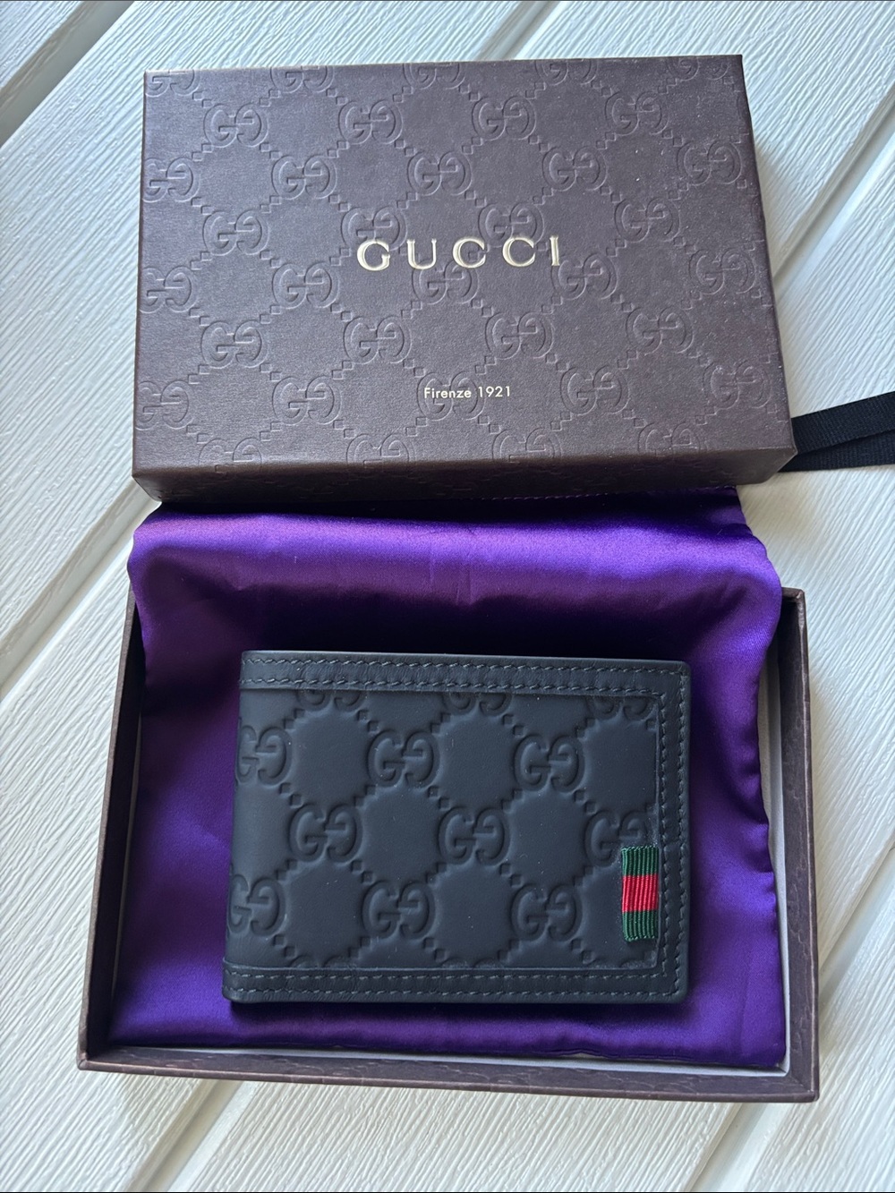 Gucci Black Embossed GG Leather Bi-Fold Wallet with Green-Red Web